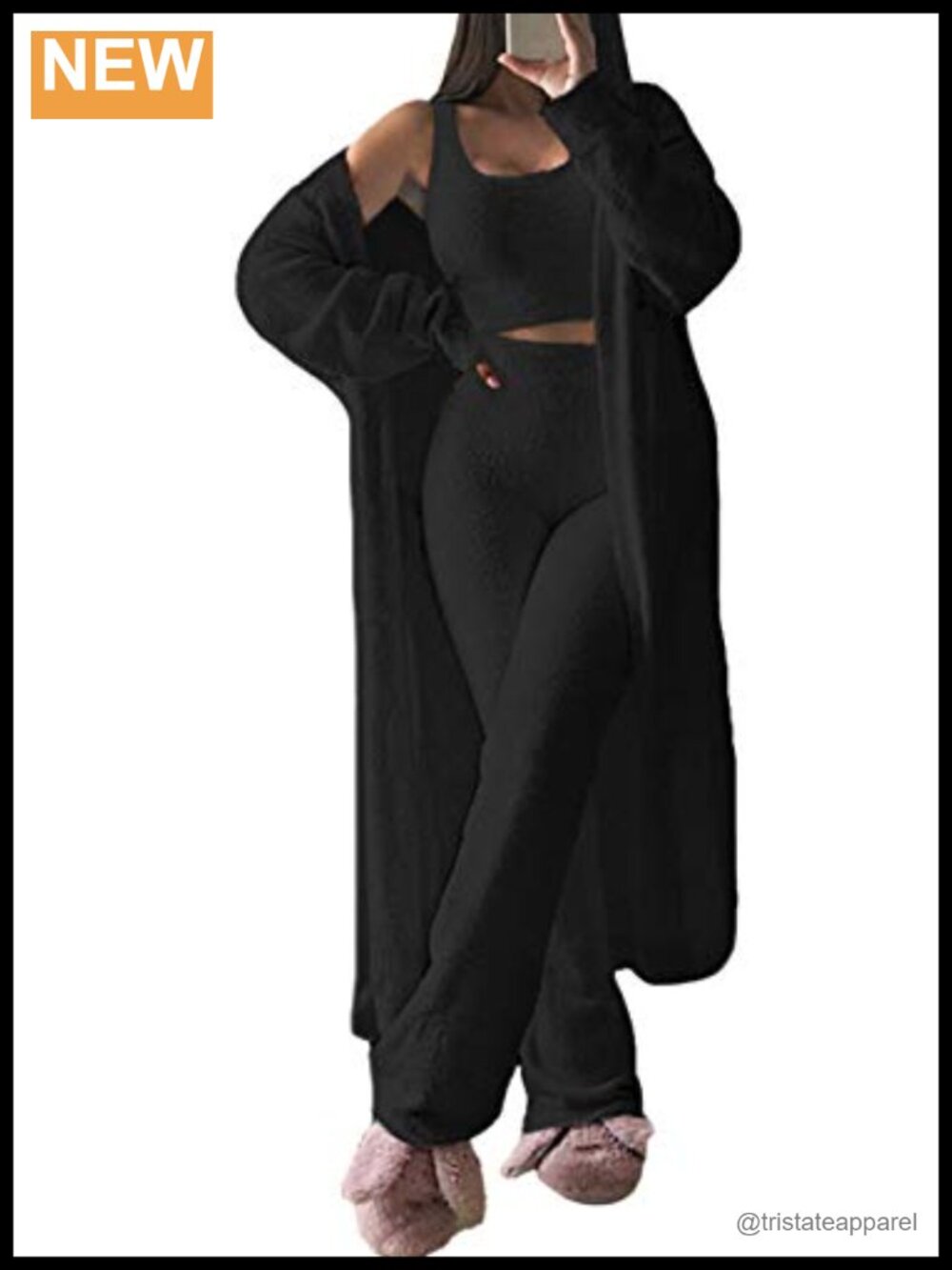 Fuzzy 3 Piece Lounge Set Crop Tank Wide Leg Pants Cardigan